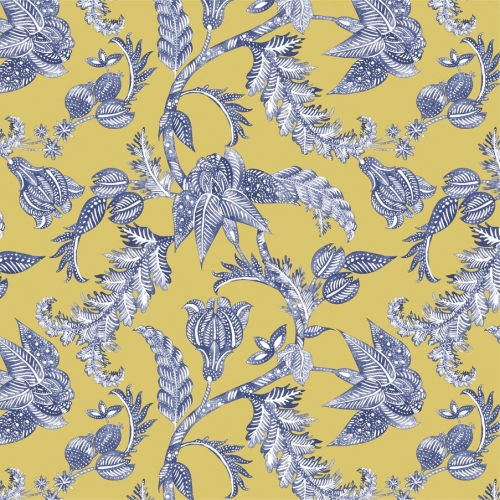 Papel pintado estampado floral en color amarillo y azul Oriental Sense 35812