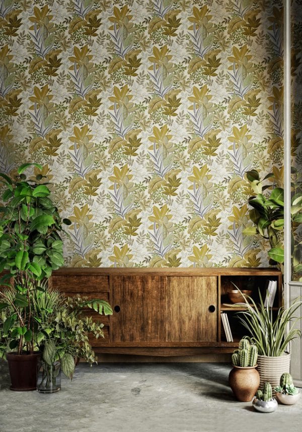 Papel pintado de hojas color amarillo Flora 18507