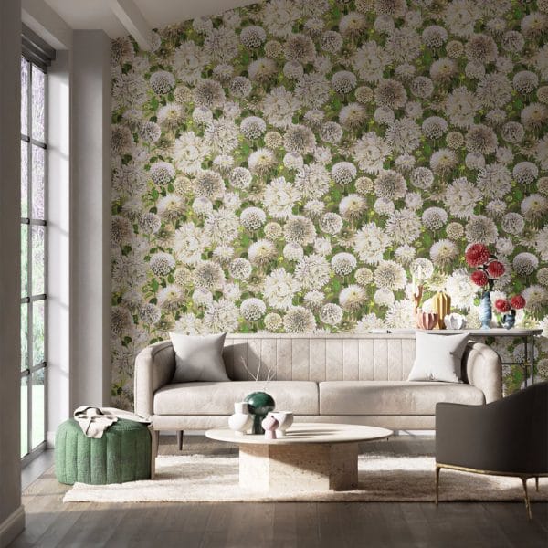 Papel pintado de flores en color verde Dahlia HQN2112844