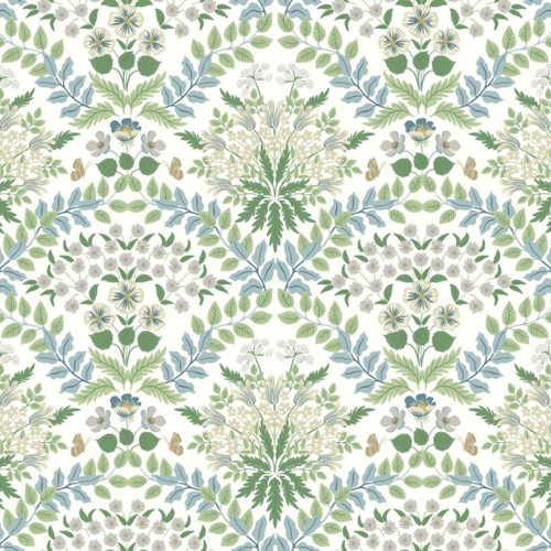 Papel pintado estilo floral de color verde y azul Bramble RP7323