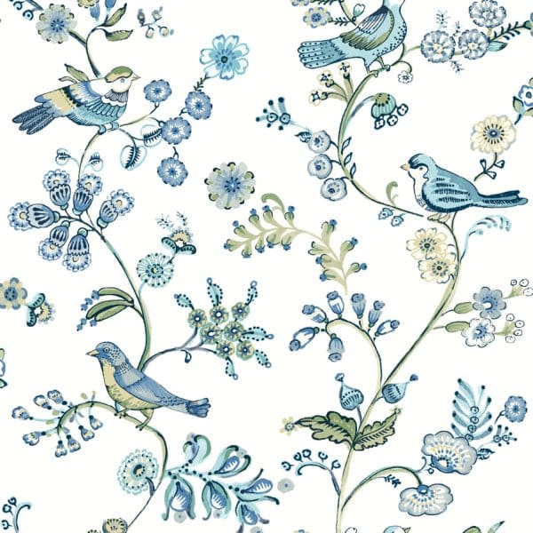 Papel pintado de estampado floral en color azul Flora y Fauna 3122-10802