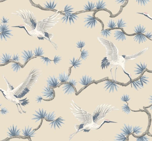 Papel pintado de aves en color azul con fondo beige Grasslands GL21702