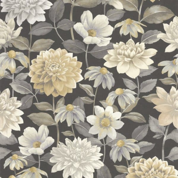 Papel pintado estampado floral en negro Dahlia 87669622