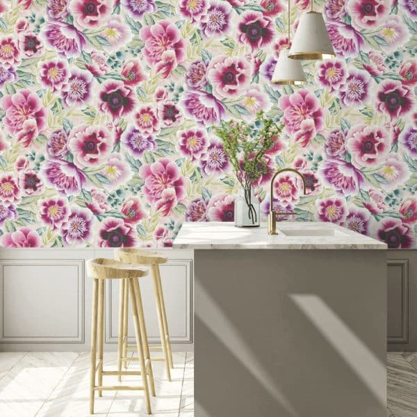 Papel pintado de flores en color rosa Marsha HDHW112902