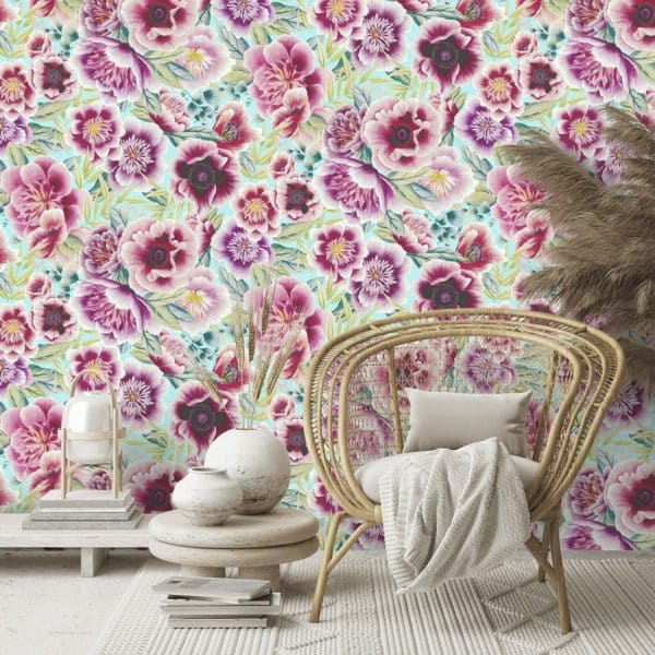 Papel pintado de flores en color rosa Marsha HDHW112903