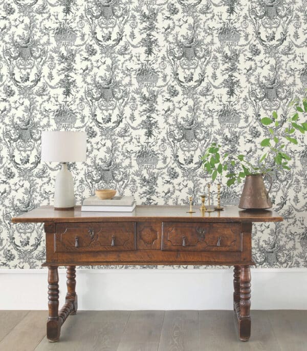 Papel pintado de Toile de Jouy en color negro Old World Toile AT4237