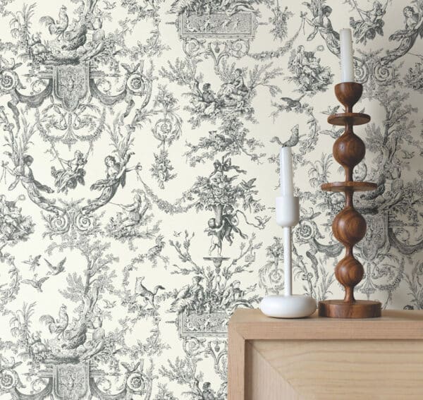 Papel pintado de Toile de Jouy en color negro Old World Toile AT4237