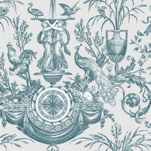 Papel pintado de Toile de Jouy color verde Avian Fountain Toile RT7811