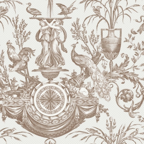 Papel pintado de Toile de Jouy color marrón Avian Fountain Toile RT7812