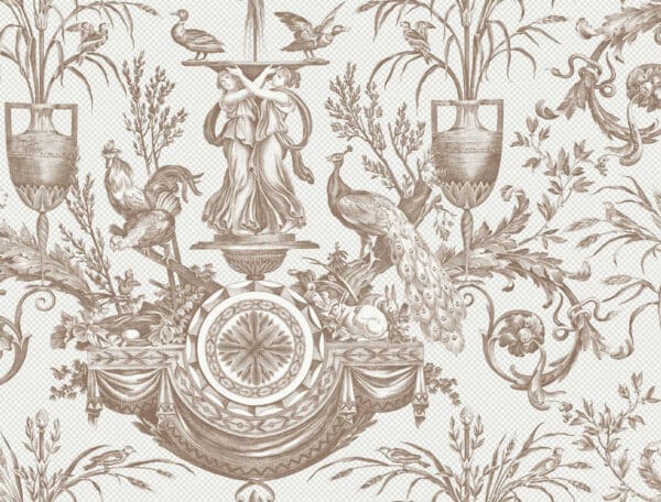 Papel pintado de Toile de Jouy color marrón Avian Fountain Toile RT7812