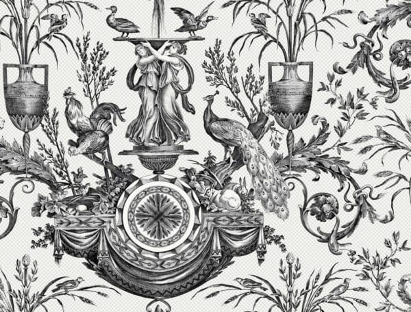 Papel pintado de Toile de Jouy color negro Avian Fountain Toile RT7813