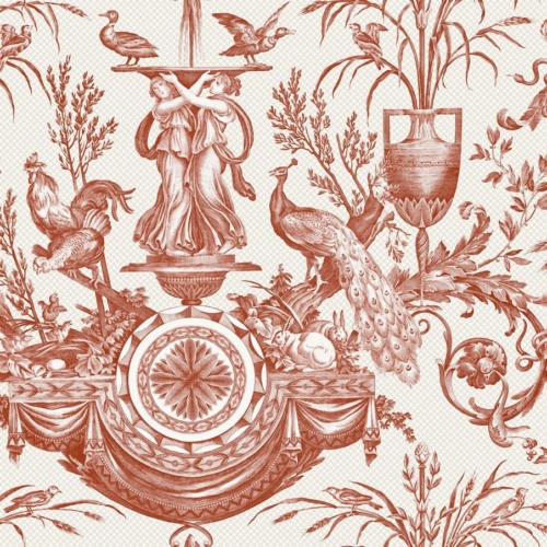 Papel pintado de Toile de Jouy color rojo Avian Fountain Toile RT7814