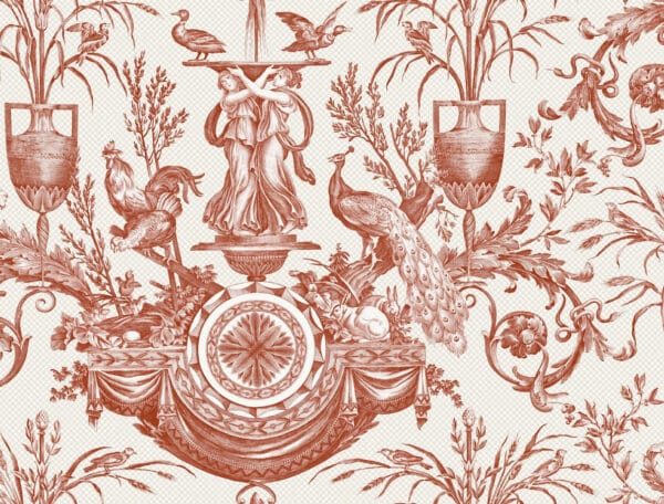 Papel pintado de Toile de Jouy color rojo Avian Fountain Toile RT7814