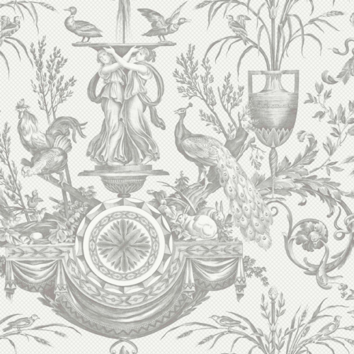 Papel pintado de Toile de Jouy color gris Avian Fountain Toile RT7815