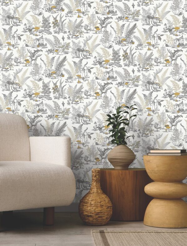 Papel pintado estampado floral en color gris Mushroom Garden Toile RT7893