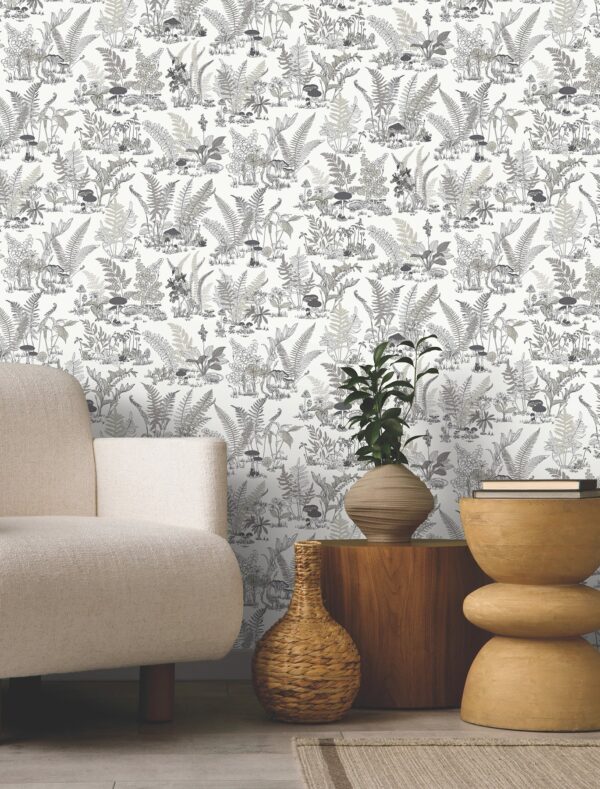 Papel pintado estampado floral en color gris Mushroom Garden Toile RT7893