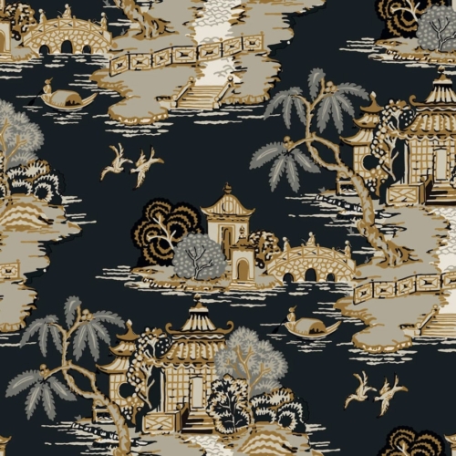 Papel pintado de Toile de Jouy en color beige Pagoda and Sampan Scenic RT7902