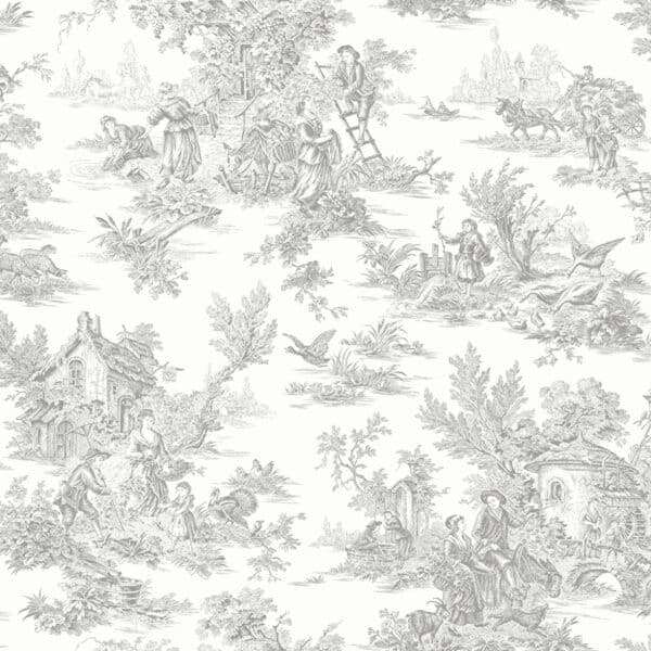 Papel pintado de Toile de Jouy en color gris Campagne Toile RT7940