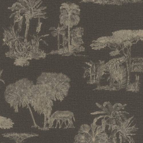 Papel pintado de Toile de Jouy en color negro Madagascar 025-MAD