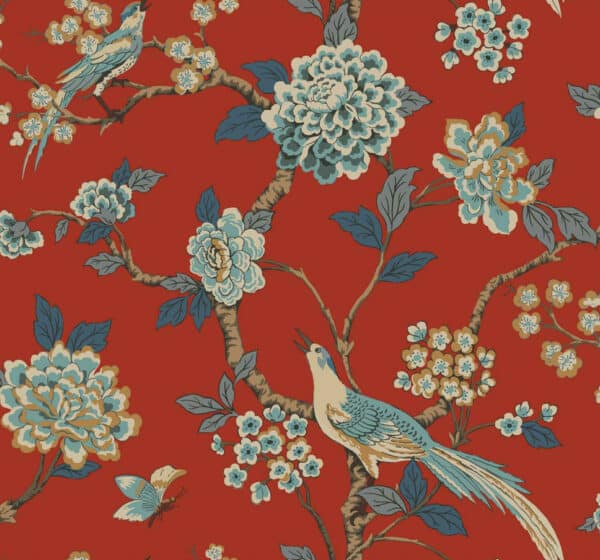 Papel pintado de estampado floral en color rojo Bird Song Coral A00001