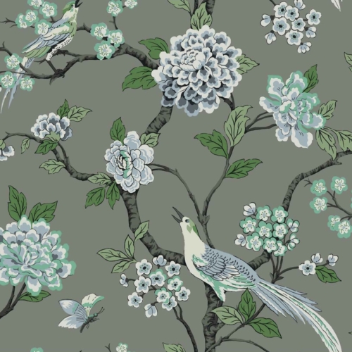 Papel pintado de estampado floral en color gris Bird Song Steel A00006