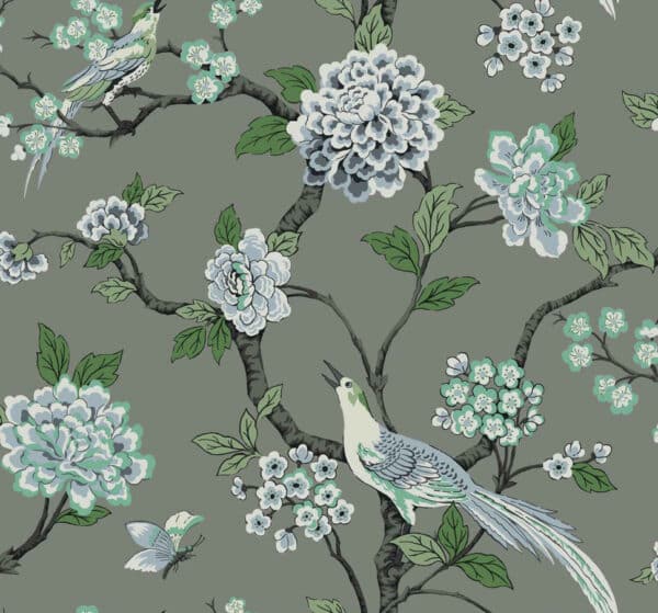 Papel pintado de estampado floral en color gris Bird Song Steel A00006