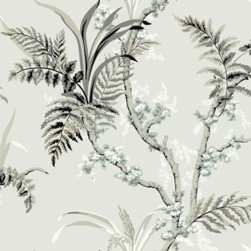 Papel pintado de ramas en color gris Wild Ferns Steel A00024