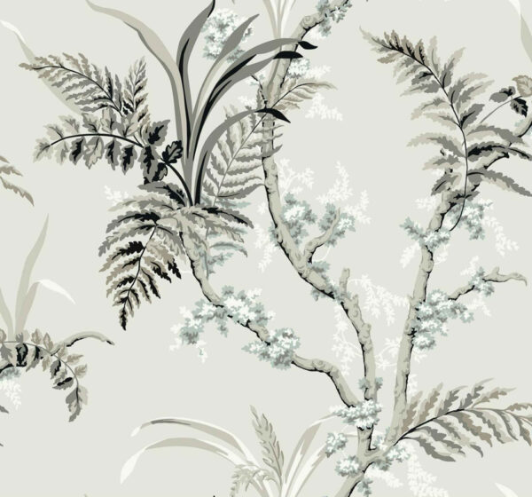 Papel pintado de ramas en color gris Wild Ferns Steel A00024