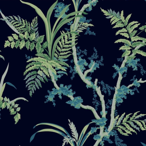 Papel pintado de ramas en color azul Wild Ferns Navy A00026