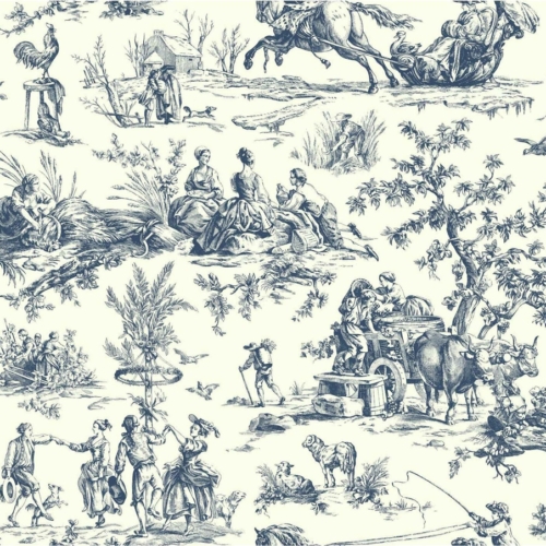 Papel pintado de Toile de Jouy en color azul Bucolic Toile Indigo A00033