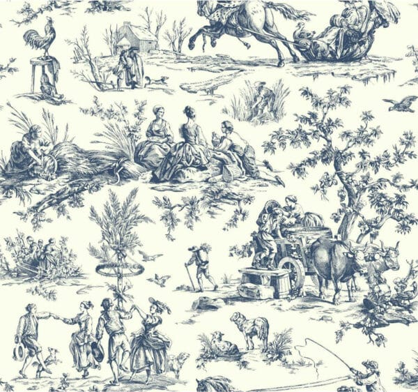 Papel pintado de Toile de Jouy en color azul Bucolic Toile Indigo A00033