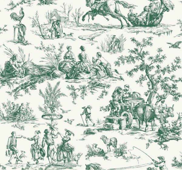 Papel pintado de Toile de Jouy en color verde Bucolic Toile Emerald A00034