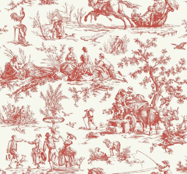 Papel pintado de Toile de Jouy en color rojo Bucolic Toile Coral A00035