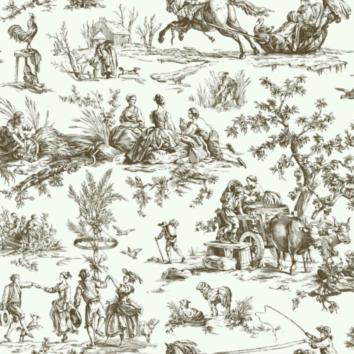 Papel pintado de Toile de Jouy en color verde Bucolic Toile Khaki A00036