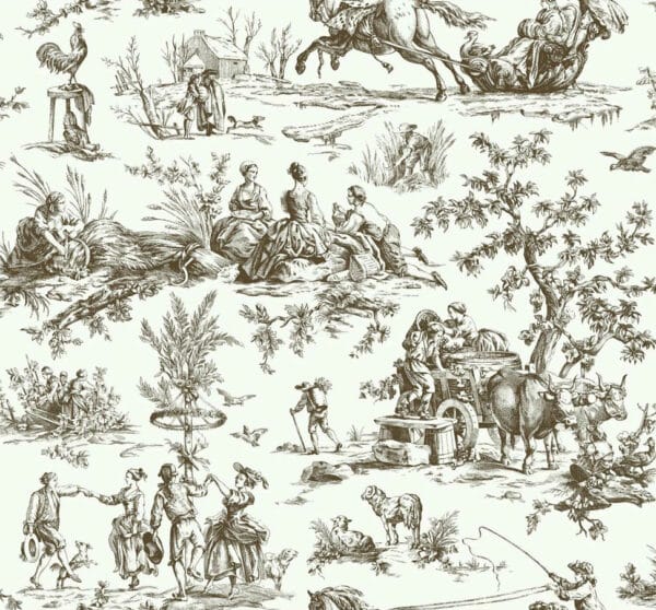 Papel pintado de Toile de Jouy en color verde Bucolic Toile Khaki A00036