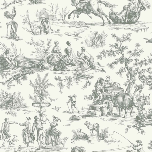 Papel pintado de Toile de Jouy en color gris Bucolic Toile Steel A00037