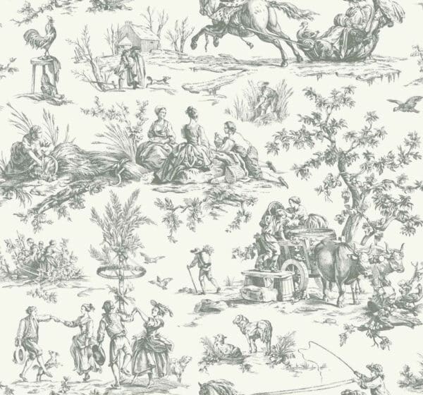 Papel pintado de Toile de Jouy en color gris Bucolic Toile Steel A00037