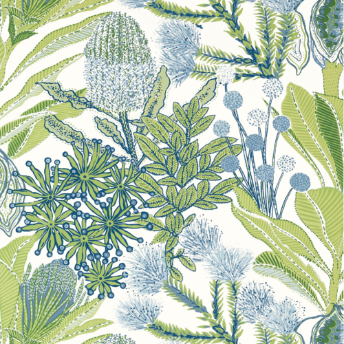 Papel pintado de estampado floral en color azul Protea Green and Blue T13923