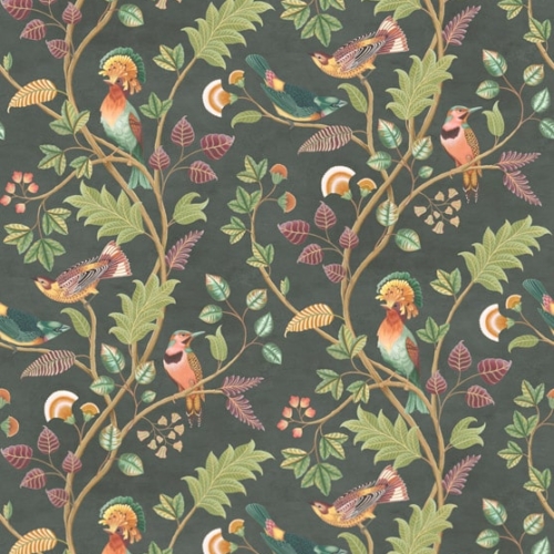 Papel pintado de aves en color verde Mayani Fir-Plum W7902-02