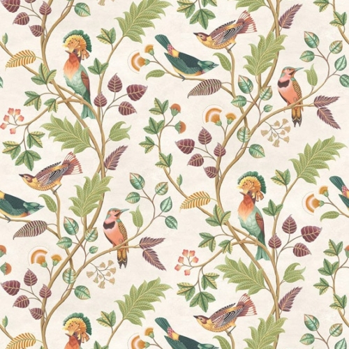 Papel pintado de aves multicolor Mayani Olive W7902-03