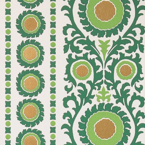 Papel pintado de medallones en color verde Samrina Fir-Metallic Gold W7904-04