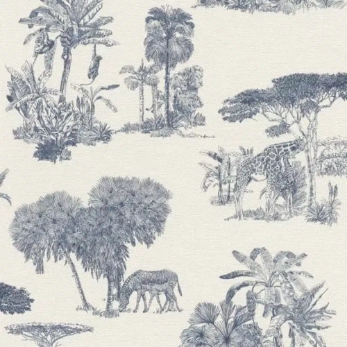 Papel pintado de Toile de Jouy en color azul Madagascar 022-MAD