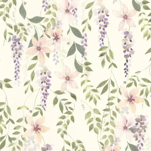 Papel pintado de estampado floral en color verde Wisteria 200305665