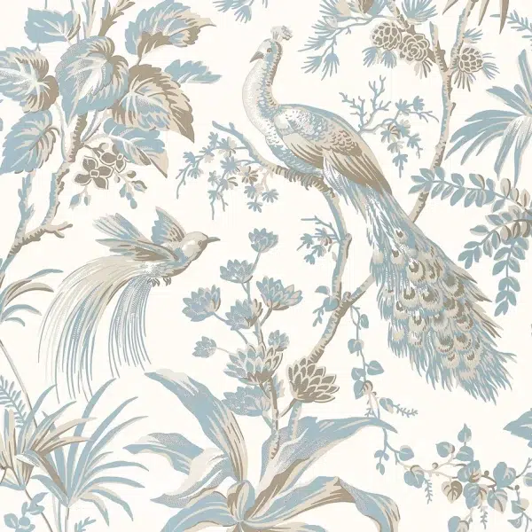 Papel pintado estampado floral en color azul y beige Peacock Toile AT57828