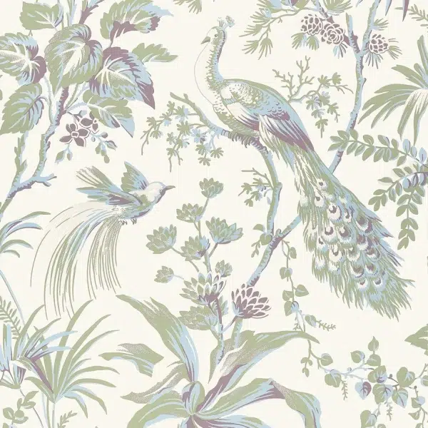 Papel pintado estampado floral en color verde y granate Peacock Toile AT57829