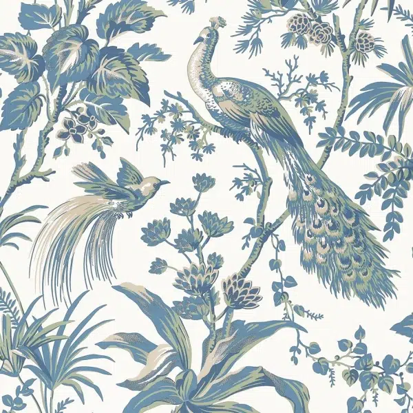 Papel pintado estampado floral en color azul y verde Peacock Toile AT57830