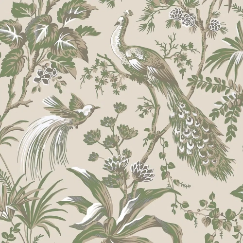 Papel pintado estampado floral en color verde Peacock Toile AT57832