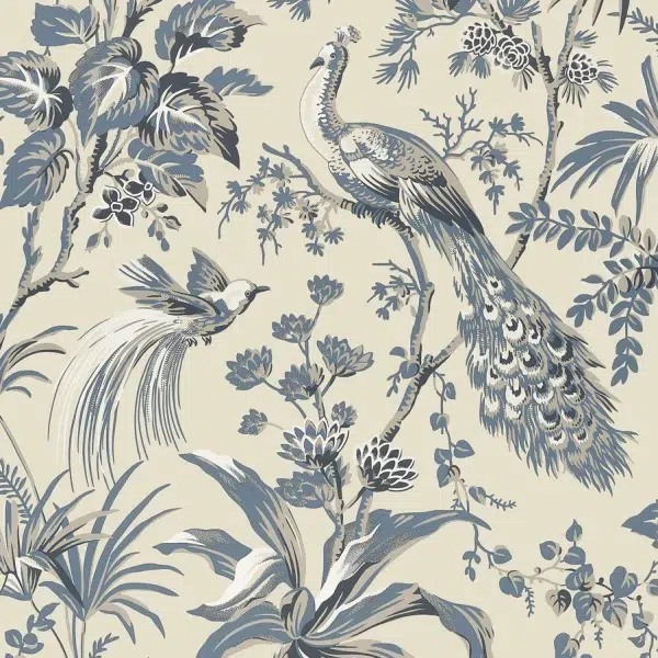 Papel pintado estampado floral en color azul Peacock Toile AT57833