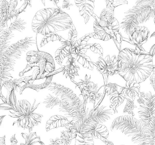 Papel pintado estampado floral en color negro Tropical Sketch Toile RT7841