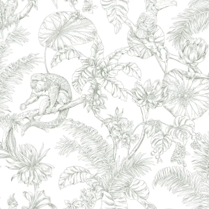 Papel pintado estampado floral en color verde Tropical Sketch Toile RT7842